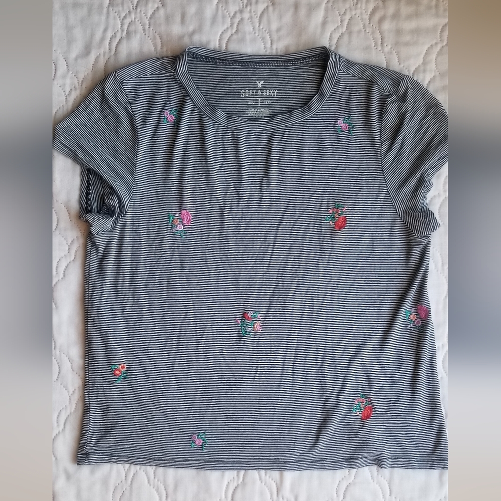 Soft & Sexy AE Embroidered Flower Striped Tee